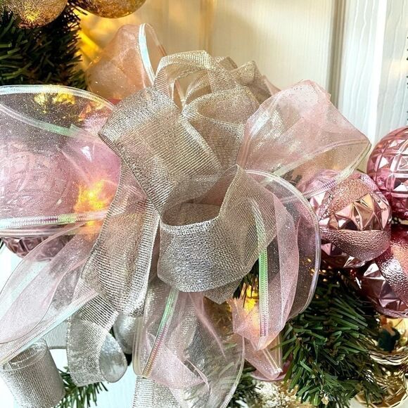 PINK AND GOLD 24” PRE-LIT CORDLESS WREATH - Picture 3 of 9